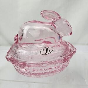 JL Pink Bunny On A Nest Glass Dish with Lid Butter Candy Easter Spring NWT